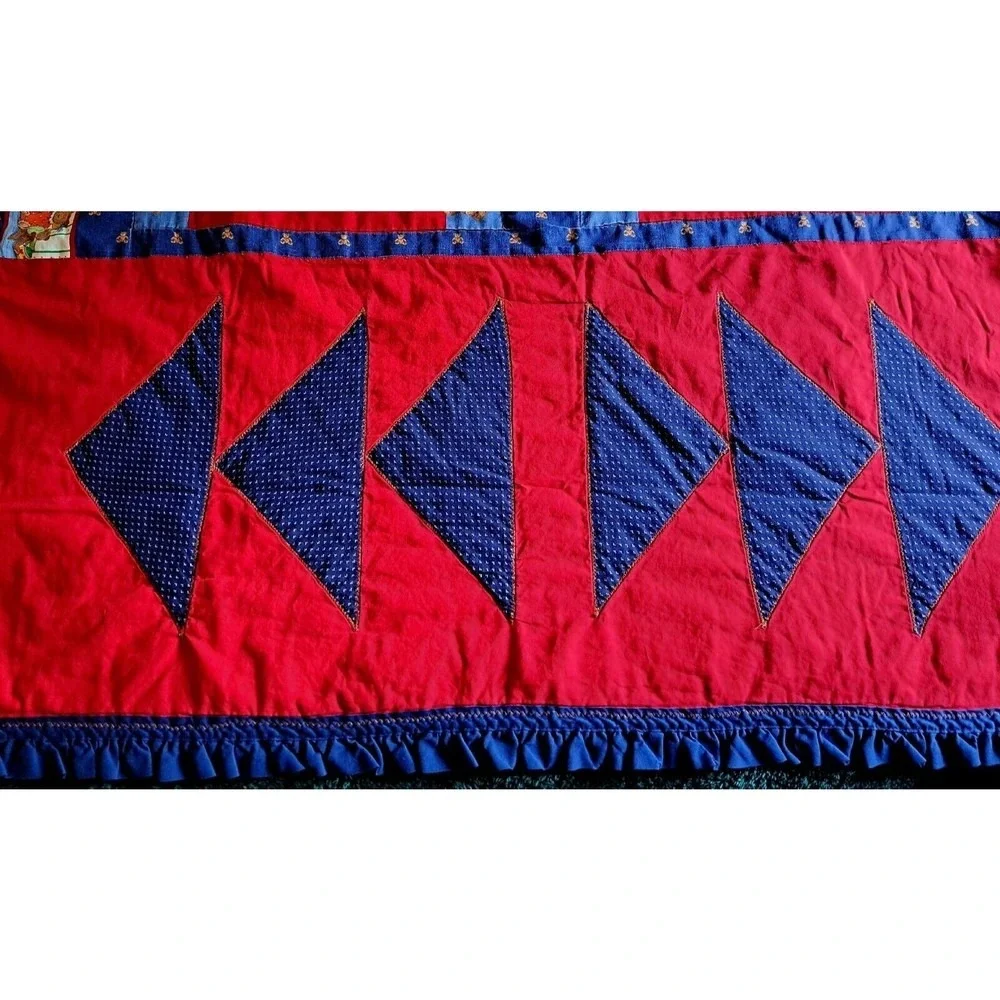 Vintage Teddy Bear Patchwork Quilt Red Navy Blue Ruffle Nursery Blanket 67x44‎